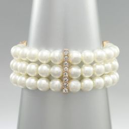 Three Row Pearl Bracelet with Crystal Bar Accents